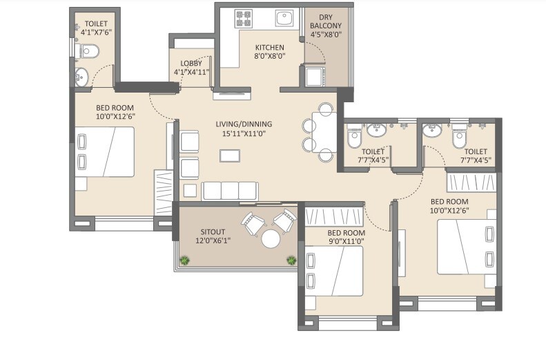 Floor plan of 3 BHK 851 Sq. Ft. Apartment in Sukhwani Hermosa Casa, Pune