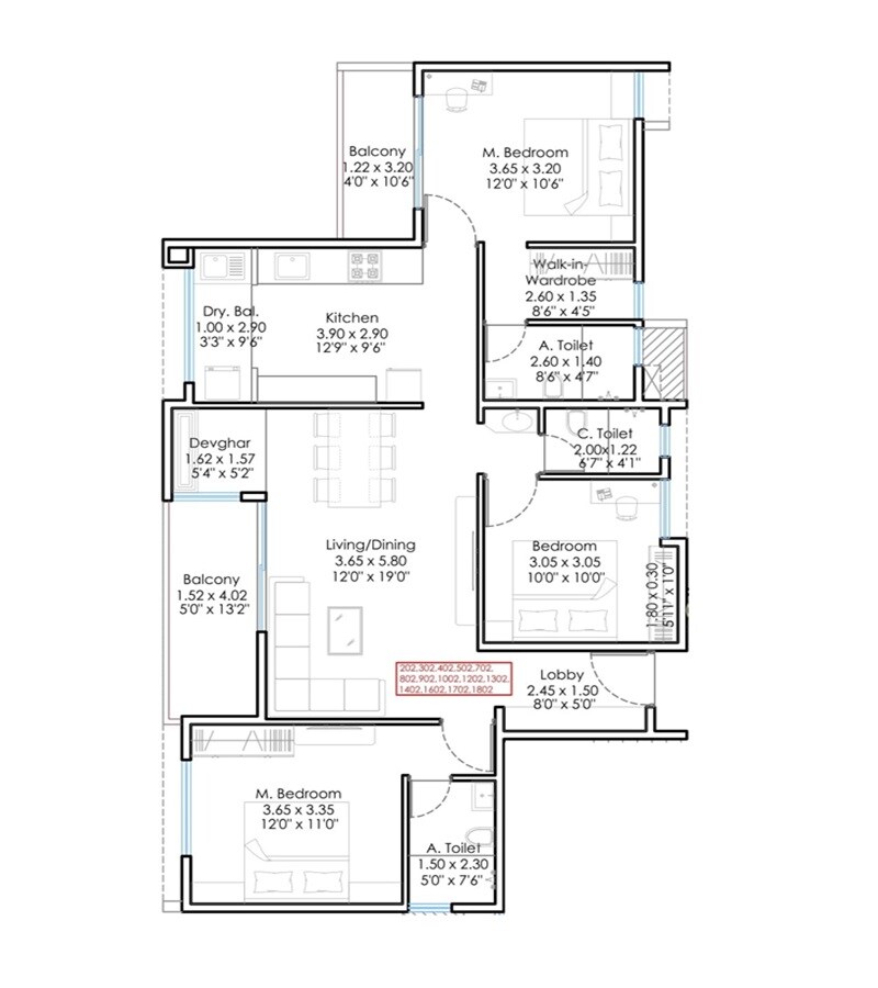 Floor plan of 3 BHK 1140 Sq. Ft. Apartment in Sukhwani Minerva, Pune