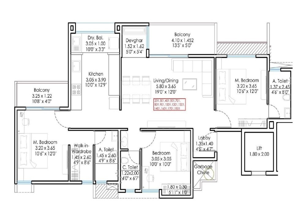 Floor plan of 3 BHK 1109 Sq. Ft. Apartment in Sukhwani Minerva, Pune