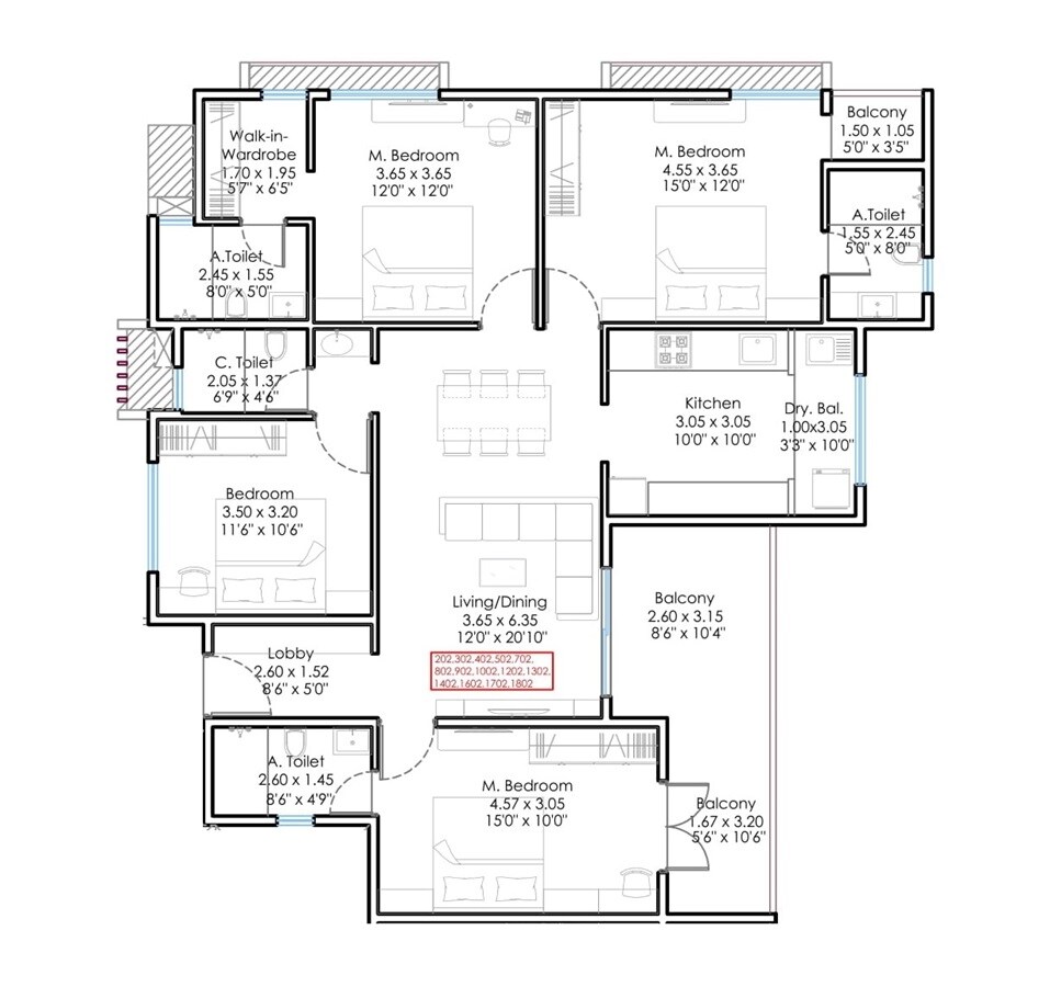 Floor plan of 4 BHK 1448 Sq. Ft. Apartment in Sukhwani Minerva, Pune