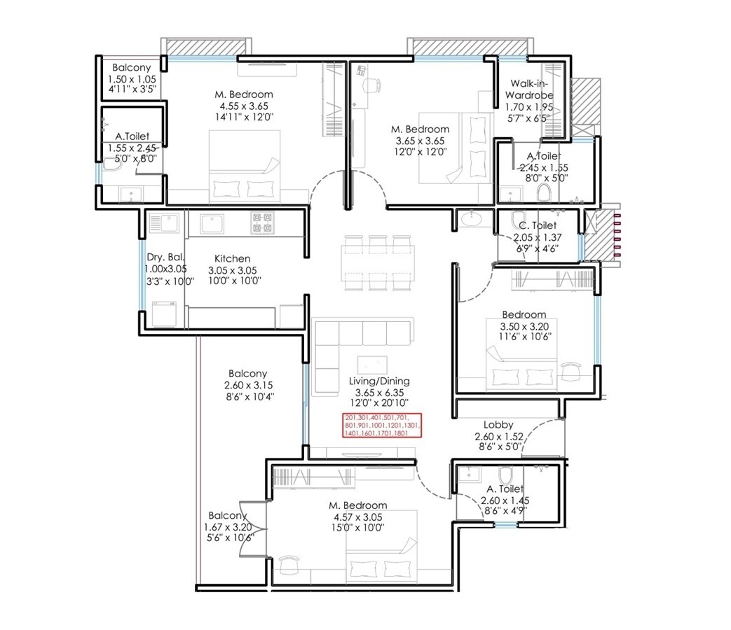 Floor plan of 4 BHK 1474 Sq. Ft. Apartment in Sukhwani Minerva, Pune