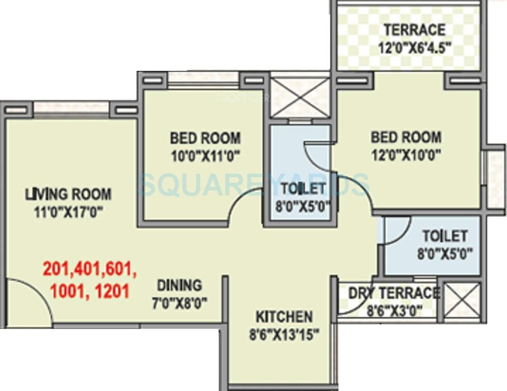 Floor plan of 2 BHK 1067 Sq. Ft. Apartment in Sukhwani Oasis, Pune