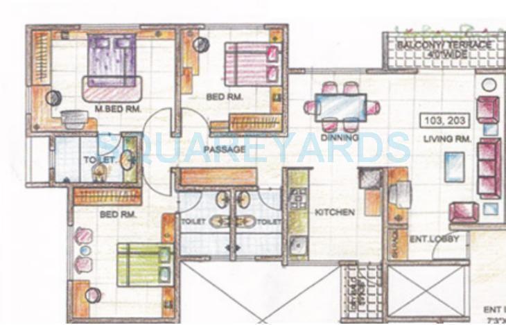 Floor plan of 3 BHK 1378 Sq. Ft. Apartment in Sukhwani Oasis, Pune