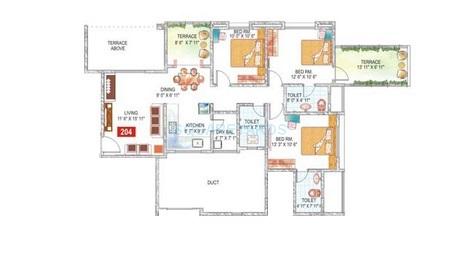 Floor plan of 3 BHK 1360 Sq. Ft. Apartment in Sukhwani Palm Breeze, Pune