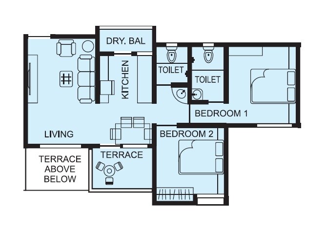 Floor plan of 2 BHK 685 Sq. Ft. Apartment in Sukhwani Palms, Pune