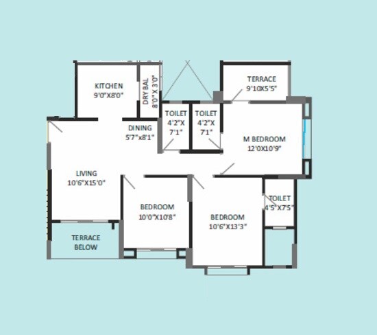 Floor plan of 3 BHK 805 Sq. Ft. Apartment in Sukhwani Panorama, Pune