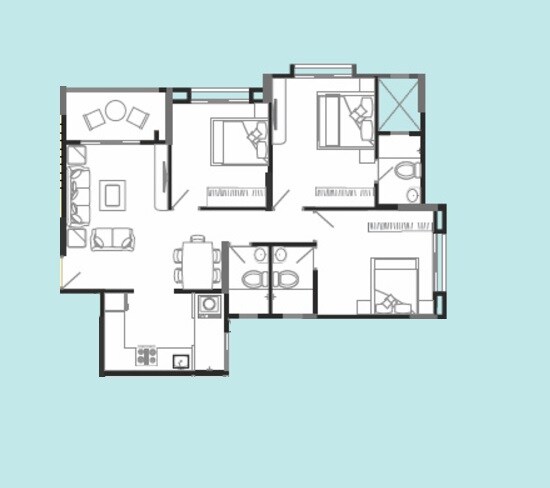 Floor plan of 3 BHK 846 Sq. Ft. Apartment in Sukhwani Panorama, Pune