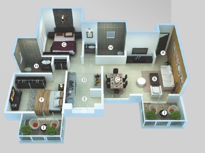 Floor plan of 2 BHK 588 Sq. Ft. Apartment in Sukhwani Scarlet, Pune