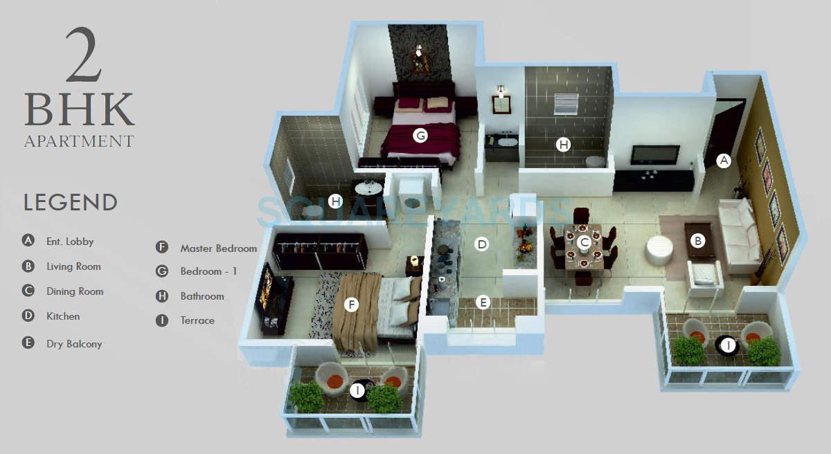 Floor plan of 2 BHK 891 Sq. Ft. Apartment in Sukhwani Scarlet, Pune