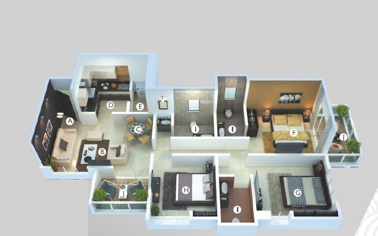Floor plan of 3 BHK 841 Sq. Ft. Apartment in Sukhwani Scarlet, Pune