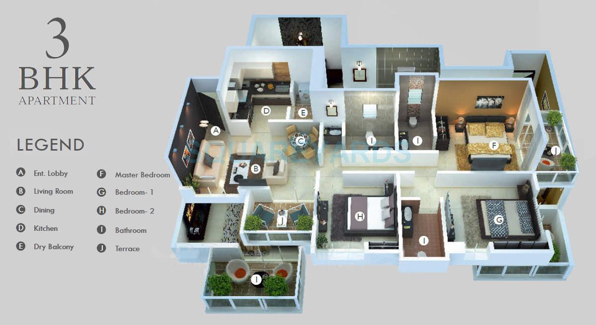 Floor plan of 3 BHK 1393 Sq. Ft. Apartment in Sukhwani Scarlet, Pune