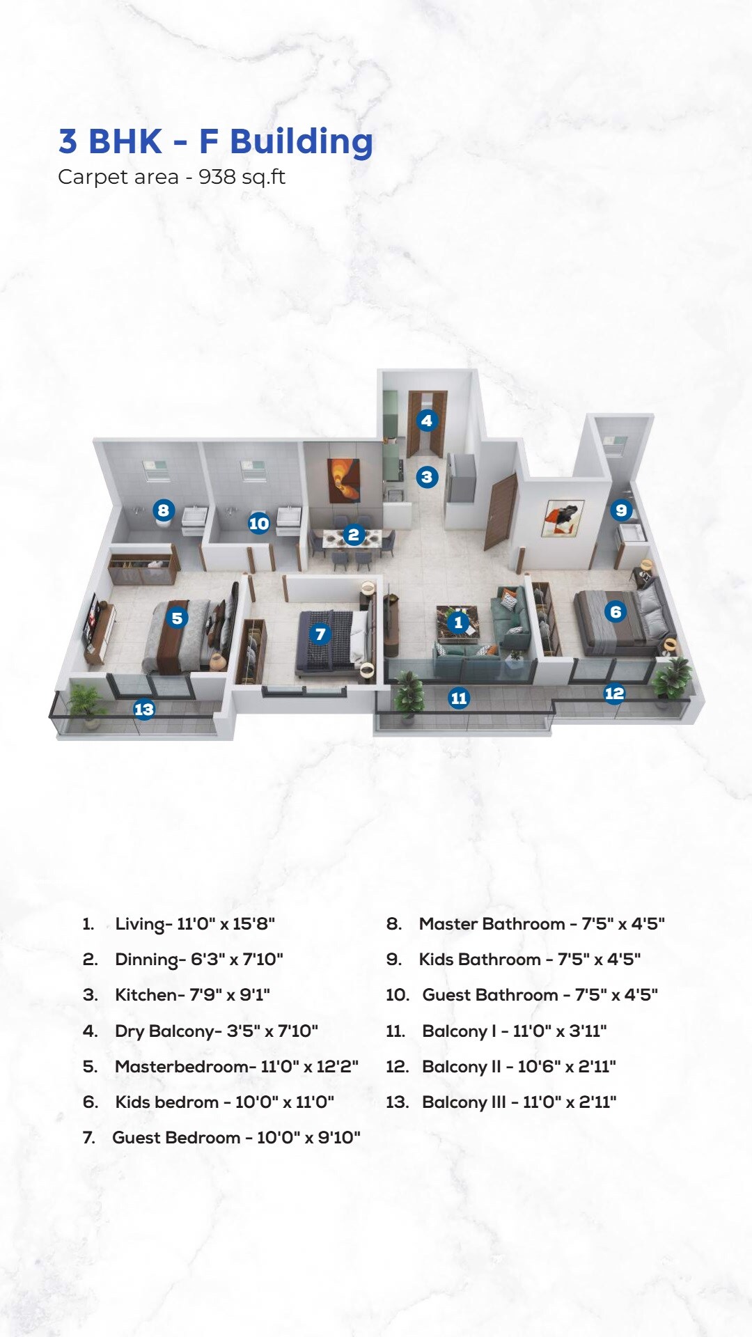Floor plan of 3 BHK 938 Sq. Ft. Apartment in Sukhwani Skylines, Pune