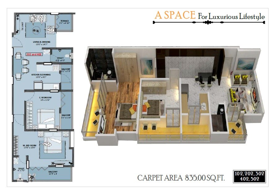Floor plan of 3 BHK 835 Sq. Ft. Apartment in Suman Renaissance, Pune