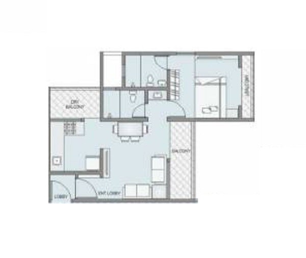 Floor plan of 1 BHK 653 Sq. Ft. Apartment in Sumeru Kaishori Prangan, Pune