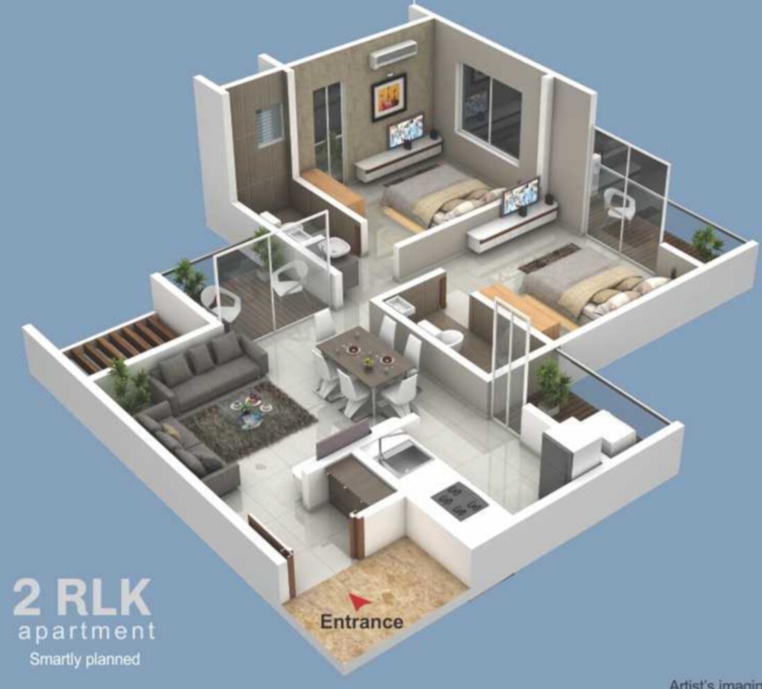 Floor plan of 2 BHK 977 Sq. Ft. Apartment in Sumeru Kaishori Prangan, Pune