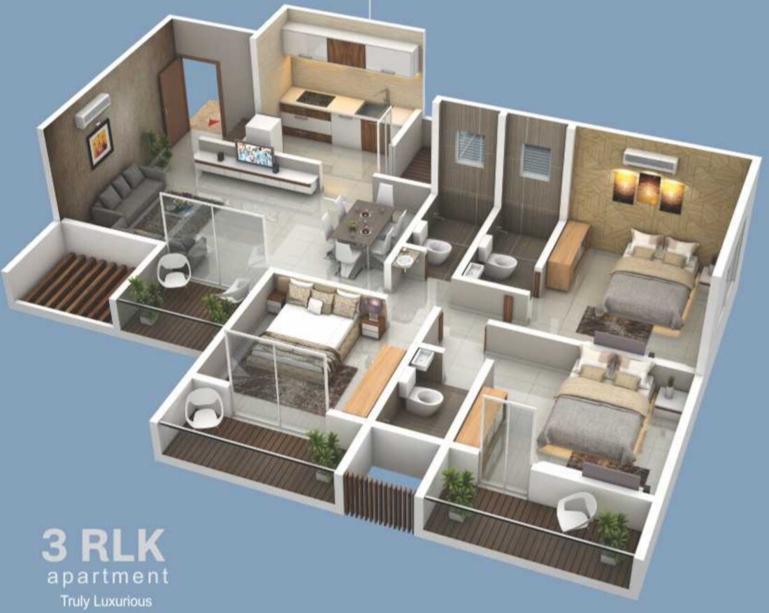 Floor plan of 3 BHK 1354 Sq. Ft. Apartment in Sumeru Kaishori Prangan, Pune
