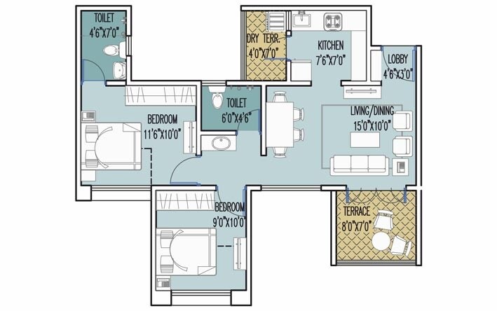Floor plan of 2 BHK 451 Sq. Ft. Apartment in Sun Exotica Phase 2, Pune