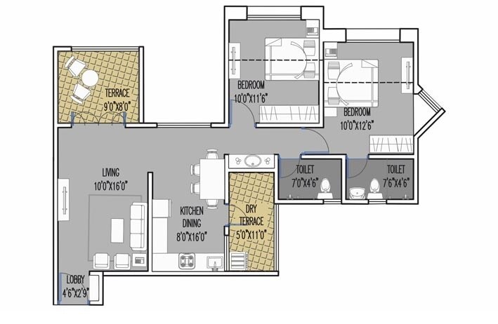 Floor plan of 2 BHK 598 Sq. Ft. Apartment in Sun Exotica Phase 2, Pune
