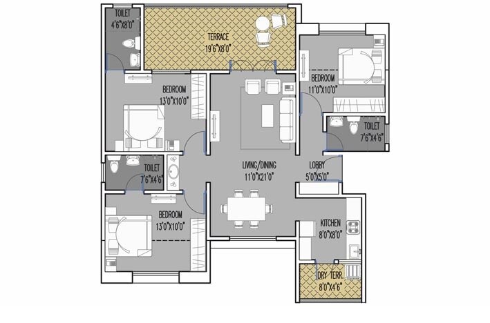 Floor plan of 3 BHK 784 Sq. Ft. Apartment in Sun Exotica Phase 2, Pune