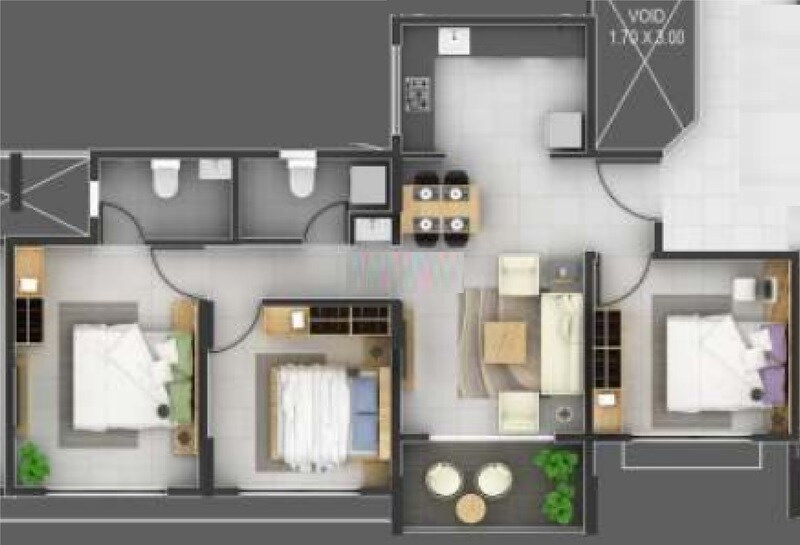 Floor plan of 3 BHK 703 Sq. Ft. Apartment in Sun Legacy Riverside, Pune