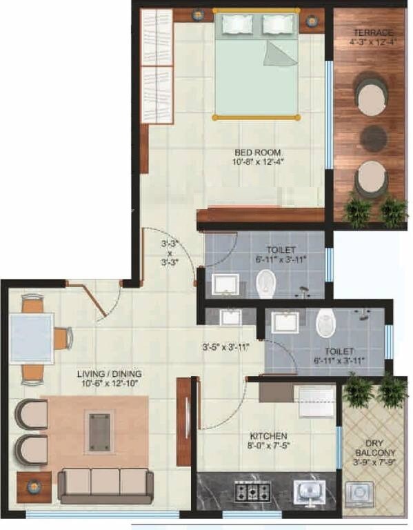 Floor plan of 1 BHK Apartment - 638 sq. ft. in Sun Residency Pune, Pune