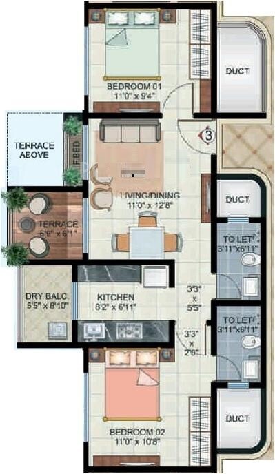 Floor plan of 2 BHK Apartment - 754 sq. ft. in Sun Residency Pune, Pune