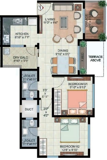 Floor plan of 2 BHK Apartment - 870 sq. ft. in Sun Residency Pune, Pune