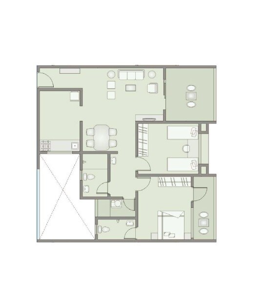 Floor plan of 2 BHK 969 Sq. Ft. Apartment in Sunder Srushti, Pune