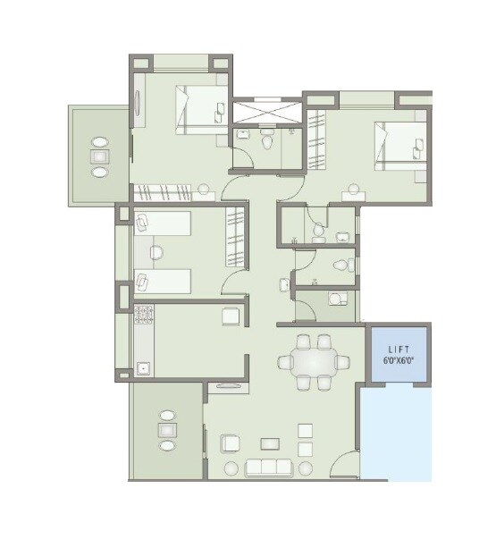 Floor plan of 3 BHK 1245 Sq. Ft. Apartment in Sunder Srushti, Pune