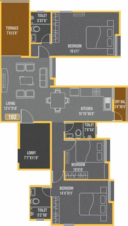 Floor plan of 3 BHK 1176 Sq. Ft. Apartment in Sunit Anant Apartment, Pune