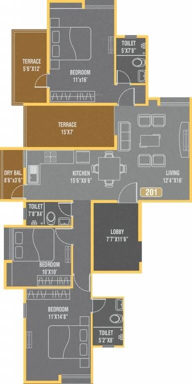 Floor plan of 3 BHK 1257 Sq. Ft. Apartment in Sunit Anant Apartment, Pune