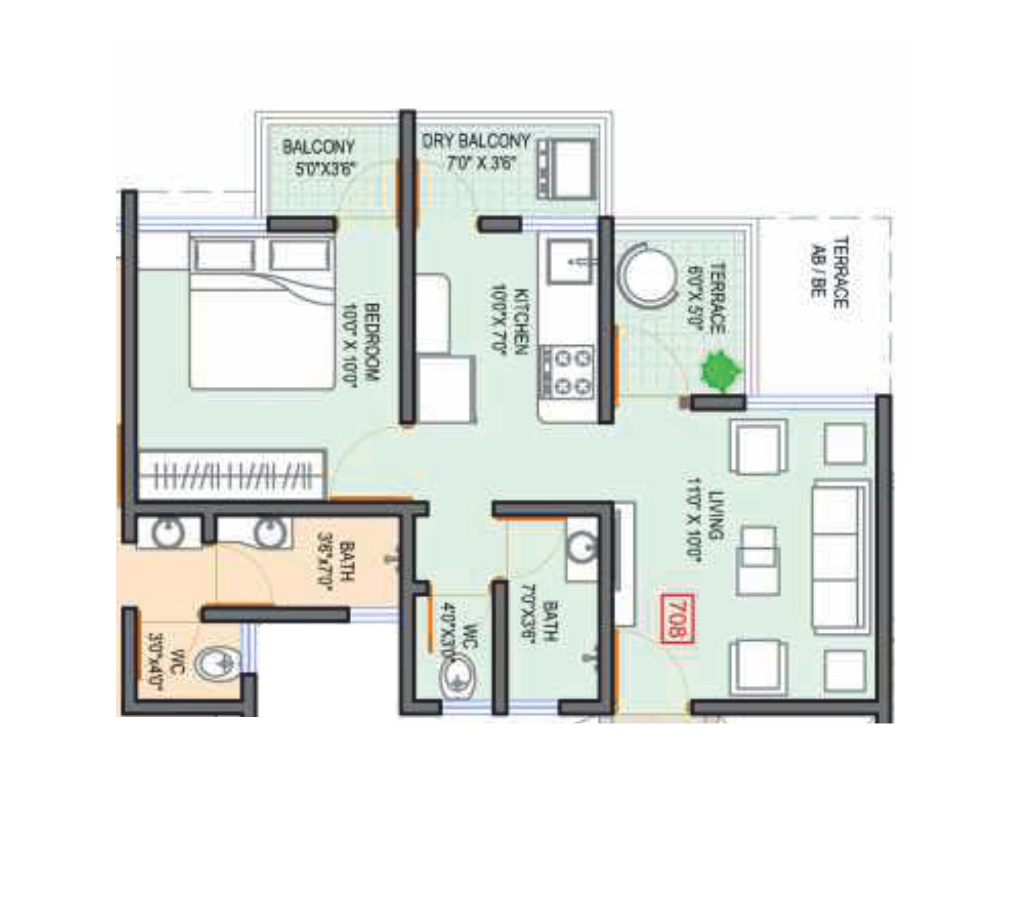 Floor plan of 1 BHK 416 Sq. Ft. Apartment in Suprabha Hill Town, Pune