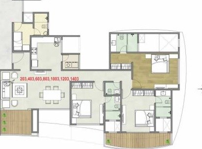 Floor plan of 3 BHK 1190 Sq. Ft. Apartment in Supreme Amadore, Pune