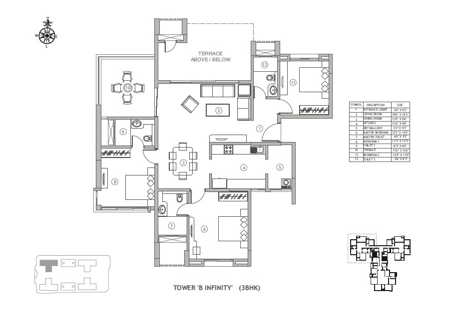 Floor plan of 3 BHK 869 Sq. Ft. Apartment in Supreme Belmac Residences, Pune