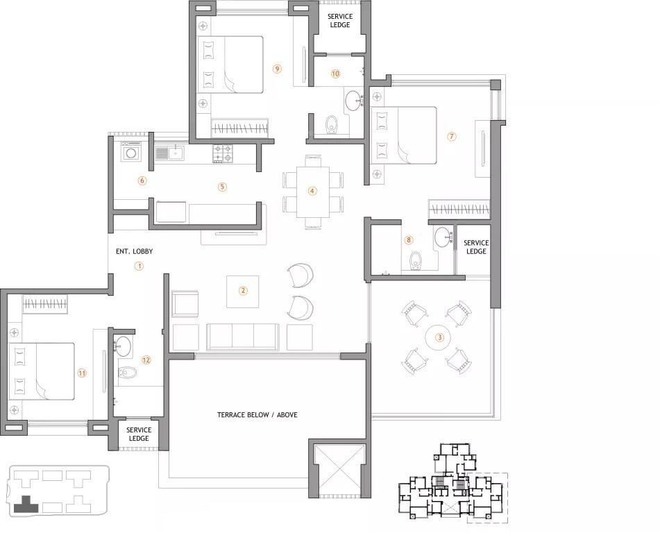 Floor plan of 3 BHK 1241 Sq. Ft. Apartment in Supreme Belmac Residences D, Pune