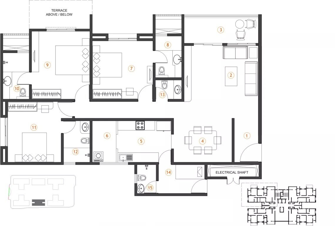 Floor plan of 3 BHK 1353 Sq. Ft. Apartment in Supreme Belmac Residences D, Pune