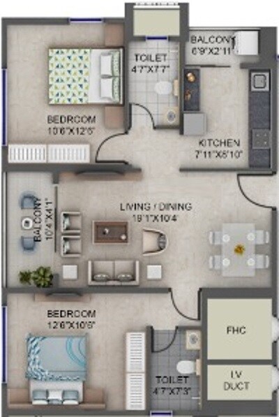 Floor plan of 2 BHK 730 Sq. Ft. Apartment in Supreme Estia Phase 1, Pune
