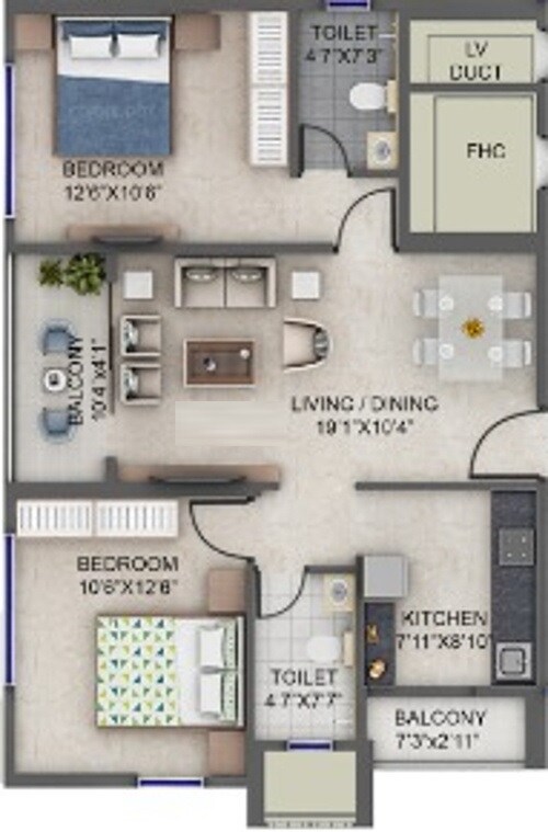 Floor plan of 2 BHK 857 Sq. Ft. Apartment in Supreme Estia Phase 1, Pune