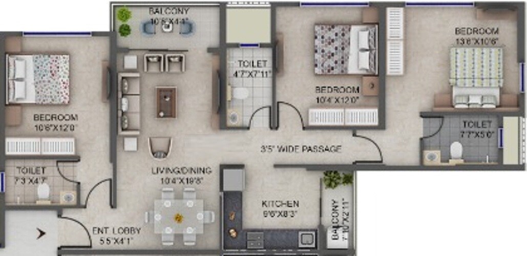 Floor plan of 3 BHK 1305 Sq. Ft. Apartment in Supreme Estia Phase 1, Pune