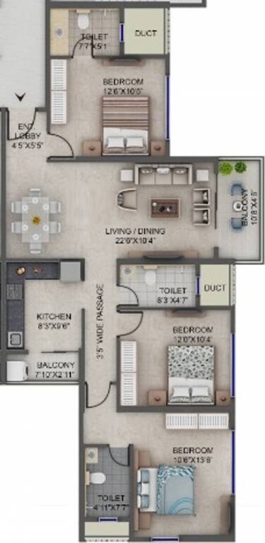 Floor plan of 3 BHK 1407 Sq. Ft. Apartment in Supreme Estia Phase 1, Pune