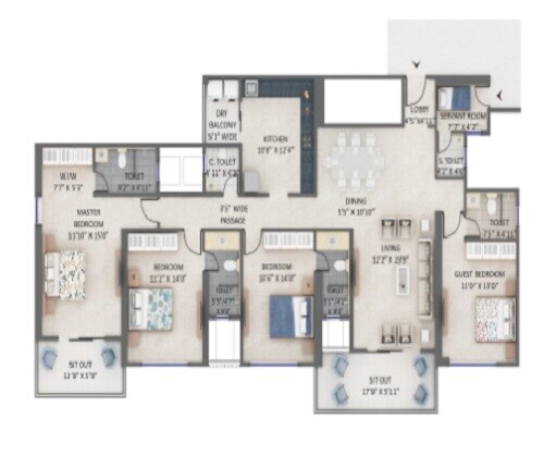 Floor plan of 4 BHK 1860 Sq. Ft. Apartment in Supreme Estia Phase 1, Pune