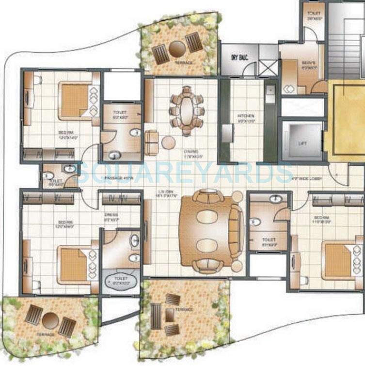 Floor plan of 3 BHK 1750 Sq. Ft. Apartment in Supreme Universal Pallacio, Pune