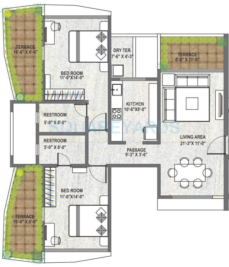 Floor plan of 2 BHK 1235 Sq. Ft. Apartment in Supreme Universal Palms Phase 2, Pune