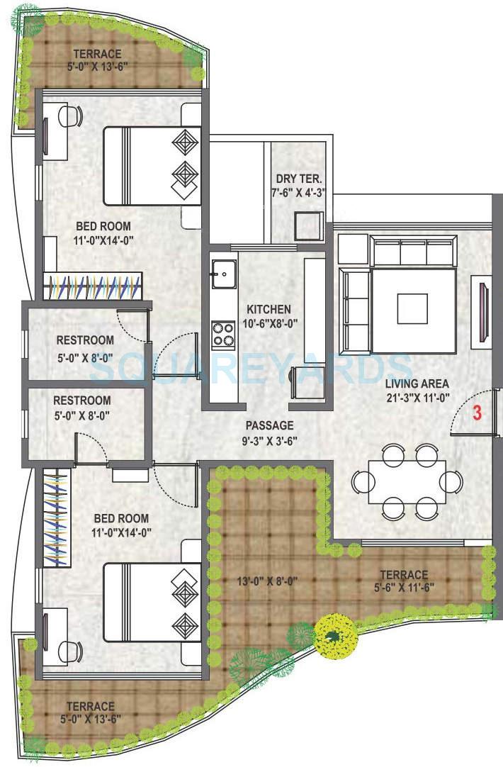 Floor plan of 2 BHK 1340 Sq. Ft. Apartment in Supreme Universal Palms Phase 2, Pune