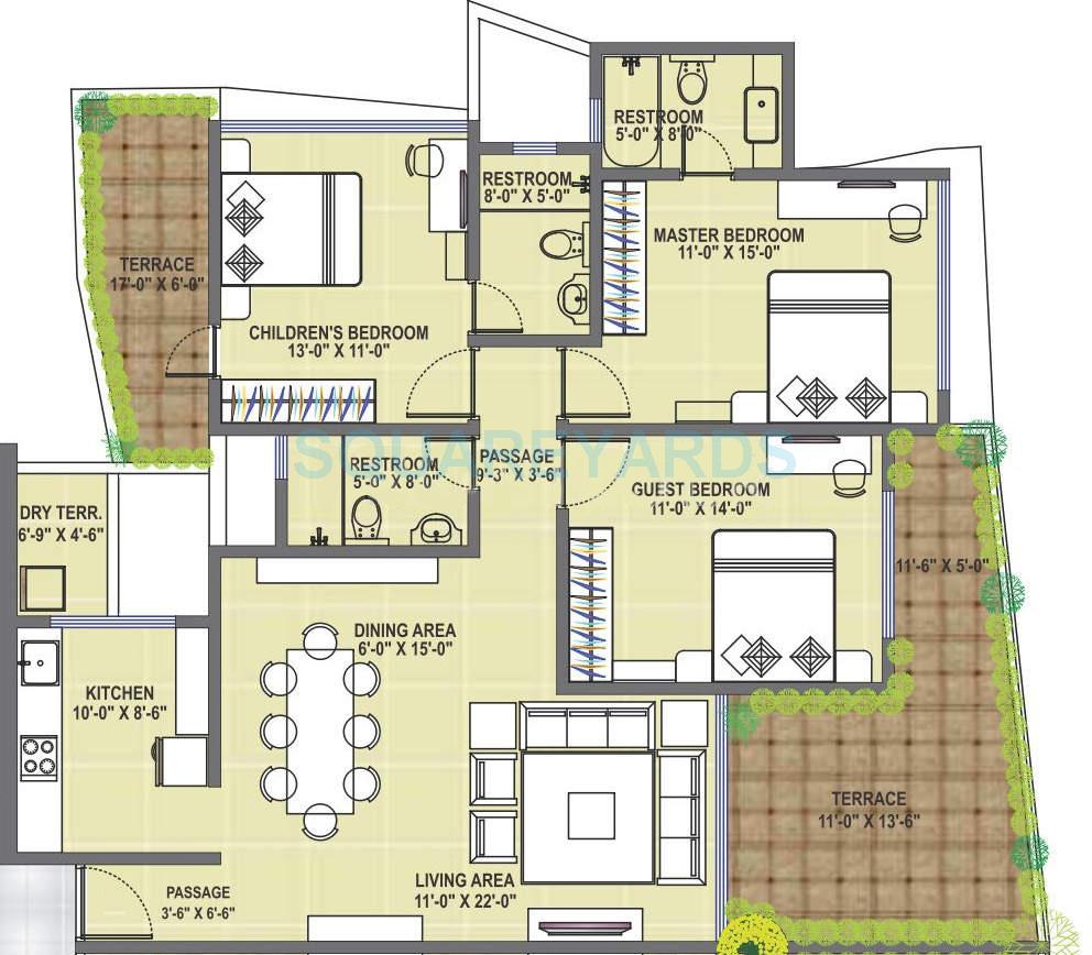 Floor plan of 3 BHK 1640 Sq. Ft. Apartment in Supreme Universal Palms Phase 2, Pune