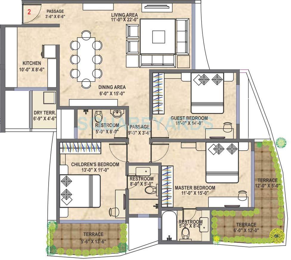 Floor plan of 3 BHK 1700 Sq. Ft. Apartment in Supreme Universal Palms Phase 2, Pune