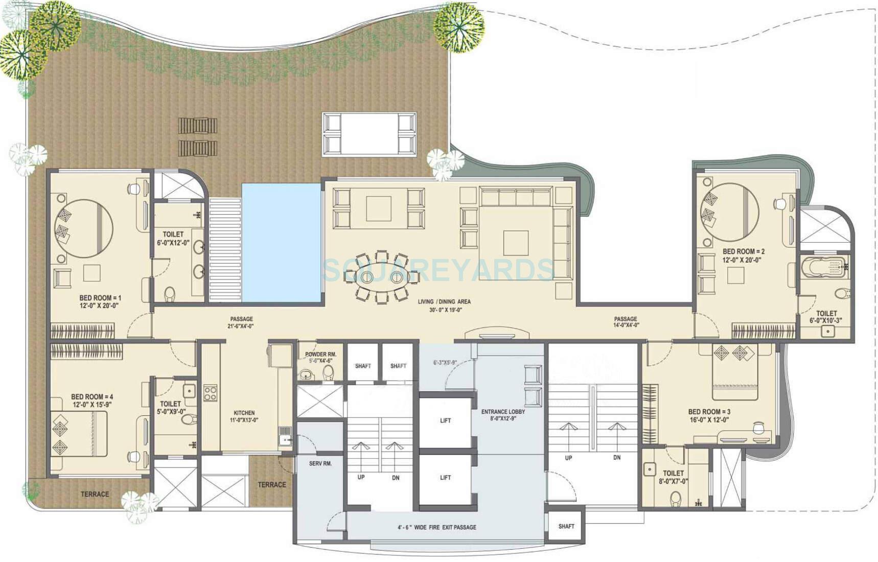 Floor plan of 4 BHK 4000 Sq. Ft. Apartment in Supreme Universal Vivero, Pune