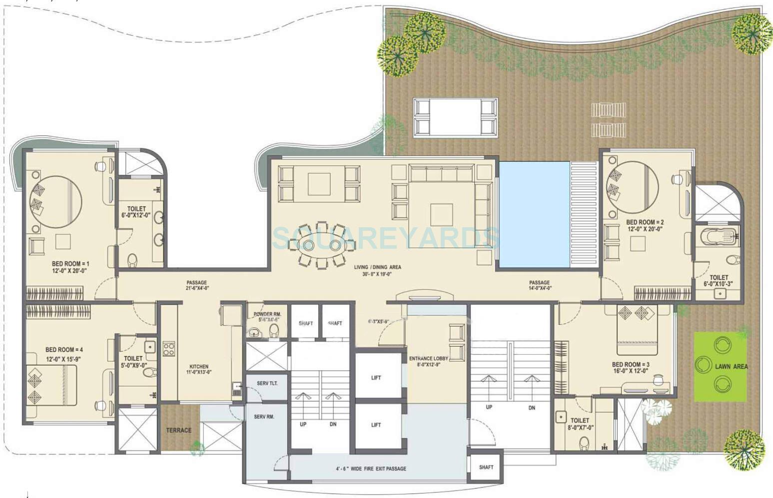 Floor plan of 4 BHK 4250 Sq. Ft. Apartment in Supreme Universal Vivero, Pune