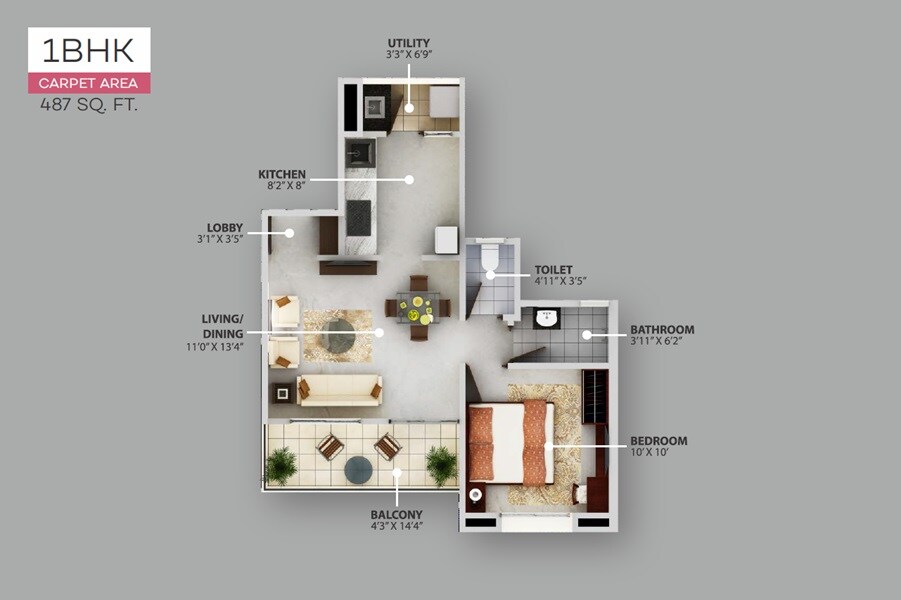 Floor plan of 1 BHK 487 Sq. Ft. Apartment in Surabhi City, Pune