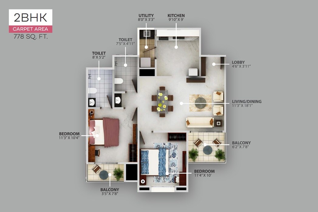Floor plan of 2 BHK 778 Sq. Ft. Apartment in Surabhi City, Pune